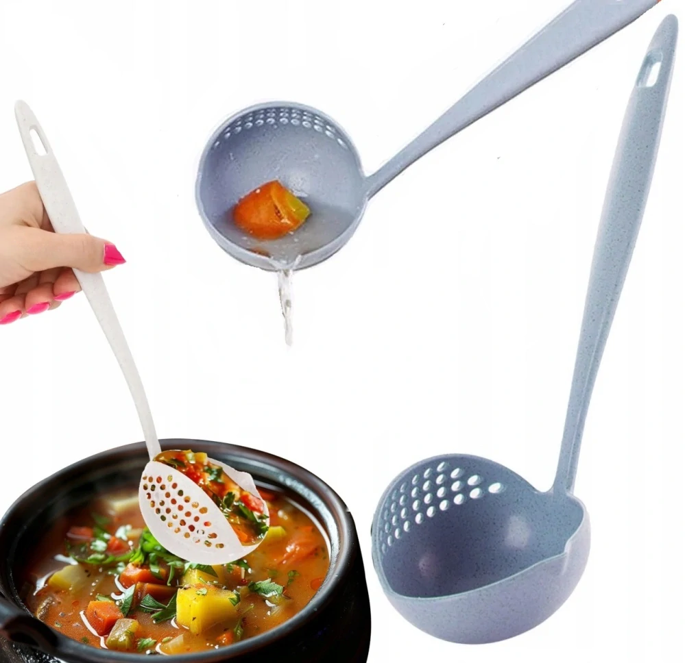 Kuchynská plastová naberačka a sitko 2v1 na polievky