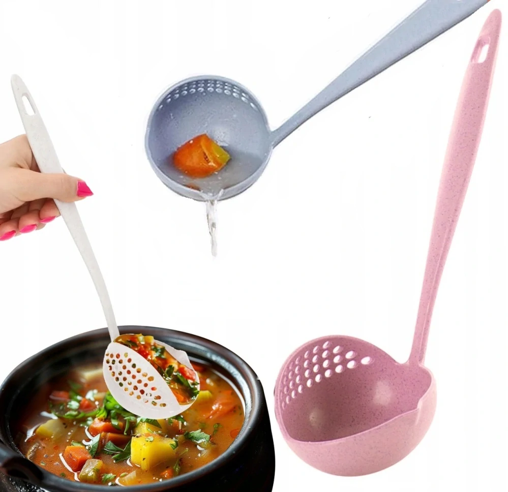 Kuchynská plastová naberačka a sitko 2v1 na polievky