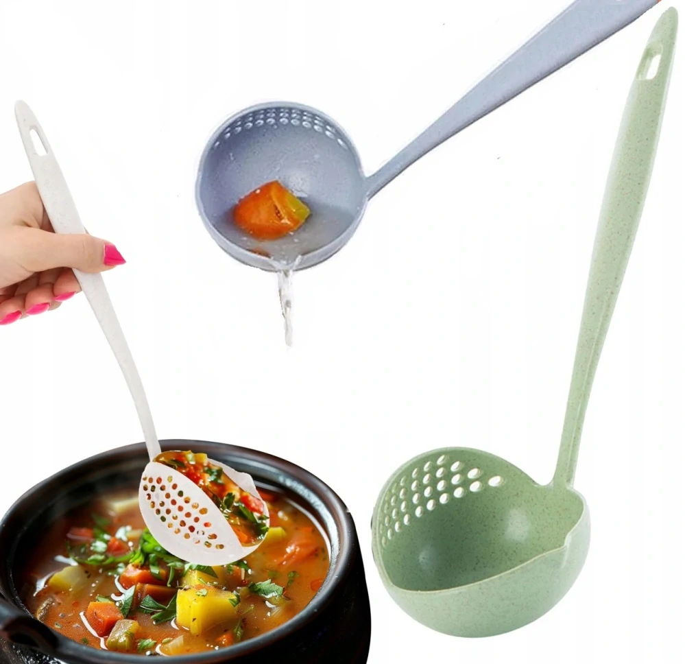 Kuchynská plastová naberačka a sitko 2v1 na polievky