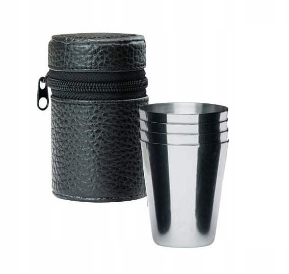 4 ks kovových panákov v koženkovom puzdre