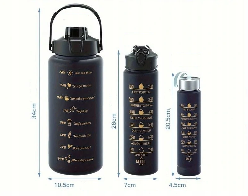 Sada 3 motivačných fliaš na vodu s odmerkou 3v1